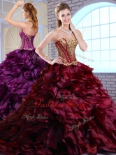 2016 Best Brush Train Ruffles and Appliques Quinceanera Gowns in Wine Red QDDTM1002-1FOR 