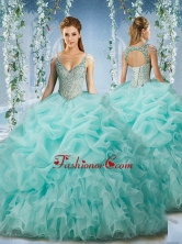Beaded and Ruffled Aqua Blue Quinceanera Dress with Beaded Decorated Cap SleevesSJQDDT586002FOR