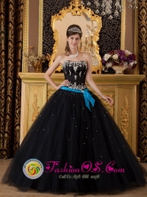 Culiacan Mexico Wholesale Black and Aqua Tulle Strapless Elegant Quinceanera Dress With Appliques Decorate and Bow Band Style QDZY113FOR