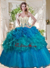 Elegant Beaded and Ruffled Really Puffy Quinceanera Dress in Teal and Blue SJQDDT726002FOR