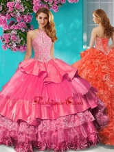 Gorgeous Halter Top Brush Train Sweet 16 Dress with Beading and Ruffles Layers SJQDDT628002FOR