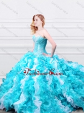 Modern Beadede and Ruffled Quinceanera Gown in Aqua Blue and White XFQD995FOR