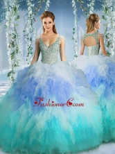 Rainbow Deep V Neck Cap Sleeves Quinceanera Dress with Beading and RufflesSJQDDT590002FOR