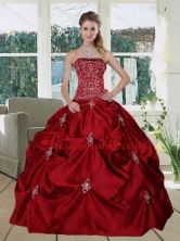 Recommended Wine Red  Pretty Strapless 2015 Quinceanera Gown with Embroidery and Pick Ups MLD090710TZFXFOR
