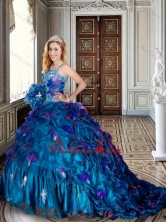 Spaghetti Straps Beaded and Applique Teal Quinceanera Dresses with Brush Train XFQD1012FOR