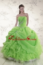 New Arrival Brand New Spring Green Strapless Sweet 15 Dresses with Ruffles and Beading XFNAO5801TZFXFOR