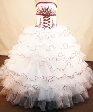 Luxurious ball gown strapless chapel organzai appliques white quinceanera dresses with rolling flowers FA-X-063