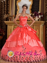 Abancay Peru Watermelon Red For Affordable Appliques And Ruffles Decorate Sweetheart wholesale Quinceanera Dress Style QDZY199FOR