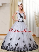 Gorgeous Cheap One Shoulder White and Black Quinceanera Dress with Appliques for 2015 ZY734TZFXFOR