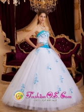 Nueva Cajamarca Peru A-line Tulle Sweetheart Aqua and White wholesale Quinceanera Dress With Appliques Style QDZY107FOR