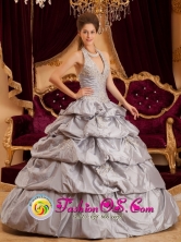 Appliques With Beading Decorate Romantic Gray Halter Quinceanera Dress In Aguas Buenas Puerto Rico Wholesale Style QDZY163FOR
