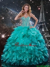 Luxurious 2016 Fall Brush Train Turquoise Quinceanera Dresses with Beading and Ruffles QDDTA90002FOR