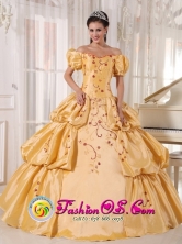 Off The Shoulder and Short Sleeves Yellow Quinceanera Dress With Embroidery and Pick-ups for 2013 Adjuntas Puerto Rico Wholesale Style PDZY538FOR 