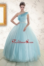 Romantic One Shoulder Blue Quinceanera Dress for 2015 XFNAO588