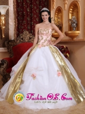 Strapless White and Pink Beading and Appliques Quinceanera Organza Gowns With Hand Made Flowers  In Guaynabo Puerto Rico Wholesale Style QDZY427FOR