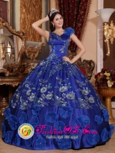 V-neck Satin Refined Appliques Decorate Exquisite Blue Quinceanera Dresses For Spring In Coamo Puerto Rico Wholesale Style QDZY746FOR 
