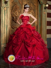 Wine Red Beaded Quinceanera Dress Pick-ups and Hand Made Flowers Ruched Bodice  In Aibonito Puerto Rico Wholesale Style QDZY178FOR 