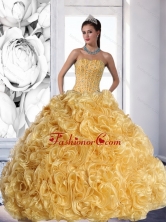 Unique Strapless Gold 2015 Quinceanera Dress with Beading and Rolling Flowers QDDTD8002FOR