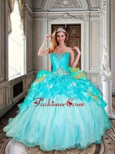Beautiful Ball Gown Aqua Blue Sweet 16 Dress with Beading and Ruffles XFQD1020FOR