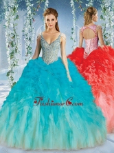 Beautiful Deep V Neck Big Puffy Quinceanera Gown with Beaded Decorated Cap SleevesSJQDDT589002FOR