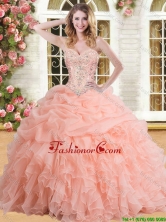 Cheap Organza Peach Quinceanera Dress with Appliques and Ruffles YSQD002-1FOR