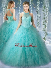 Popular Mint Quinceanera Dress With Beaded Decorated Bodice and High Neck SJQDDT529002FOR 