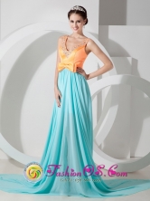 Amazing Aqua Blue and Orange Empire V-neck Brush Train  Beading Prom Dress With Knotbow Decorate IN Warnes Bolivia Style MLXNHY04FOR