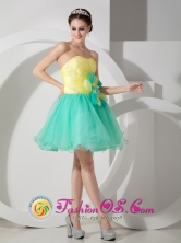 Apple Green and Yellow A-line Sweetheart Mini-length Graduation Dress with Hand Made Flowers  IN GuayaramerBolivia Style MLXNHY06FOR