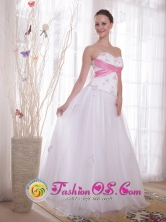 Cajamarca Peru White A Line Sweetheart Floor length Tulle and Taffeta Prom Dress with Beading and Rhinestones wholesale Style PDATS3920FOR