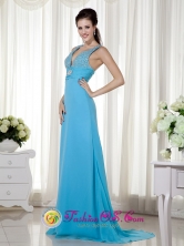 Cerro de Pasco Peru Summer Sexy Baby Blue Column V-neck Brush Train Chiffon Beading and Ruch wholesale Prom Dress Style MLXN148FOR