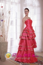 Coral Red Princess For Formal Party Layers Satin Prom Dress with Hand Flower Decorate  inTiquipaya Bolivia Wholesale Style PDHXQ069FOR 