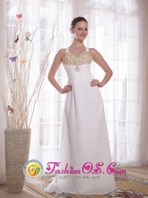Customize White Empire V-neck Brush Train Chiffon Dama Dress with Beading and Rhinestones IN Sucre Bolivia Wholesale Style PDATS3436FOR 