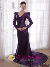 Dark Purple V-neck long Sleeves Sheath Brush Taffeta Mother of the Bride Dress IN Bermejo Bolivia Wholesale Style PDHXQ195275FOR 