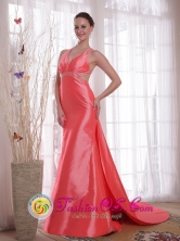 Formal Evening Waltermelon Straps Watteau Train Sheath Beading Elastic Woven Satin Prom Dress IN GuayaramerBolivia Wholesale Style PDHXQ194277FOR 