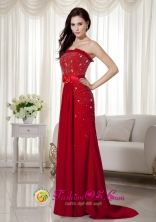 Gorgeous Wine Red Column Prom Dress Strapless Brush Train Bow Knot Beading  IN Trinidad Bolivia Wholesale Style MQR001FOR 