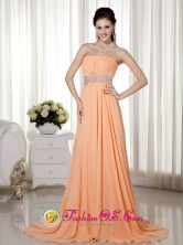 Huancavelica Peru Summer Elegant Orange Red Empire Strapless Brush Train Chiffon Beading and Ruch wholesale Prom Dress Style MLXN149FOR