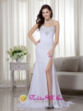 Jaen Peru High Slit White Column Sweetheart Brush Train Chiffon Beading and Ruch wholesale Prom Dress for Formal Evening Style MLXN147FOR