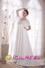 White Short sleeves A-Line V-neck Court Train Chiffon Beading Mother Of The Bride Dress for Spring in Oruro Bolivia Wholesale Style PDATS129FOR