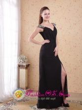 2013 Benalla VIC Wholesale Black Column V-neck and open back Brush Train Chiffon Beading and Ruch Dama Dress Style PDHXQ016 FOR 