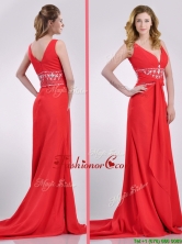 Beautiful V Neck Brush Train Chiffon Beaded Dama Dress in Coral Red THPD281FOR