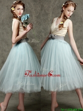 Best Hand Made Flowers and Belted V Neck Dama Dress in Apple Green BMT087-2FOR