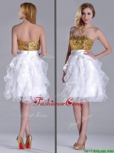 Classical Organza Sequined and Ruffled Dama Dress in White and Gold THPD310FOR