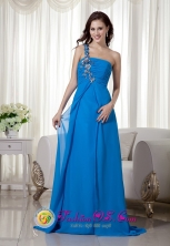 Customize Blue Empire One Shoulder Brush Train Chiffon Appliques Dama Dress In Mayaguez Puerto Rico Wholesale  Style MLXN047FOR 