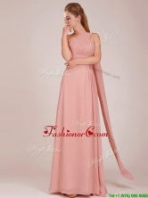 Elegant Empire One Shoulder Ruched Peach Long Dama Dress BMT0166EFOR