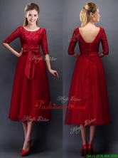Gorgeous Scoop Half Sleeves Bowknot Dama Dress in Wine Red BMT0107-3FOR