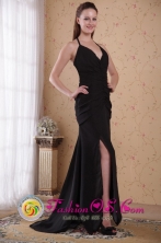 Halter-top Black Column Sheath Brush 2013 Utuado Puerto Rico Chiffon Ruch Prom Dress Wholesale  Style PDATS2016FOR 