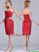Low Price Red Column Satin Knee Length Dama Dress with Ruffles THPD180FOR