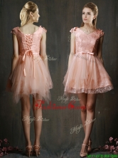 Modest V Neck Cap Sleeves Short Dama Dress with Belt and Appliques BMT0104C-1FOR