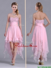 New Arrivals Beaded Bust High Low Chiffon Dama Dress in Baby Pink THPD098FOR