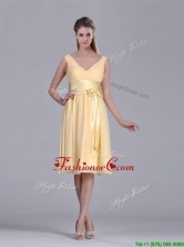 New Arrivals V Neck Bowknot Chiffon Short Dama Dress in Yellow THPD110FOR